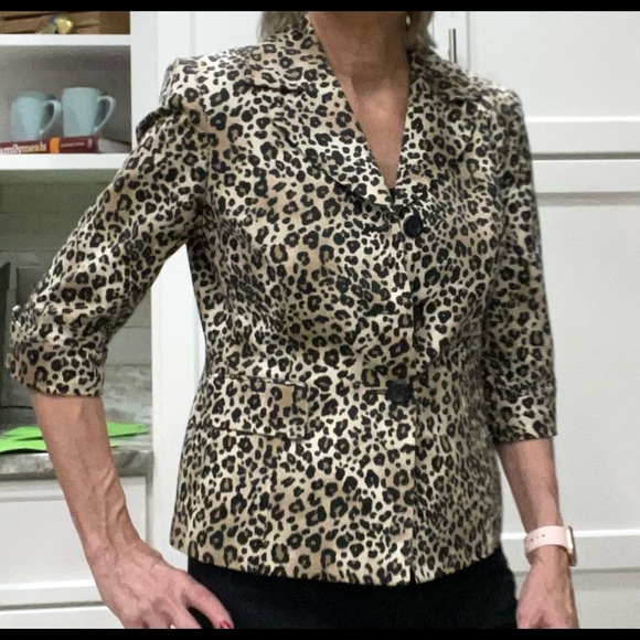 Size 4P - 6P Animal Print Jacket LeSuit Black & Brown 97% Poly 3% Spandex - Picture 8 of 9